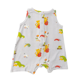 Front of the Angel Dear Jazz Animals shortie romper in light grey with musician animals