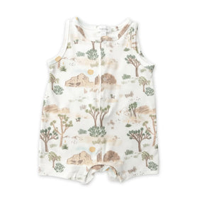 Front of the Angel Dear Joshua Trees sleeveless shortie romper in cream with desert trees