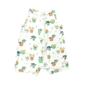 Front of the Angel Dear Potted Plants sleeveless shortie romper in white with smiling plants