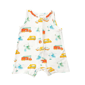 Front of the Angel Dear Rescue Vehicles sleeveless shortie romper with fire trucks and helicopters