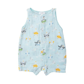 Front of the Angel Dear Shorebirds sleeveless shortie romper in light aqua muslin with snap placket