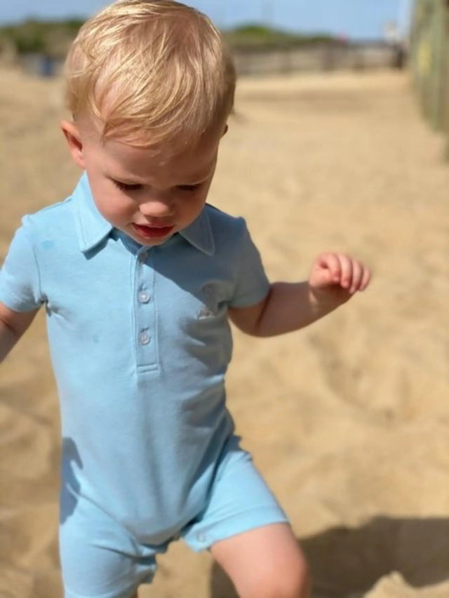 Sky blue pique polo romper | Me & Henry - Me & Henry