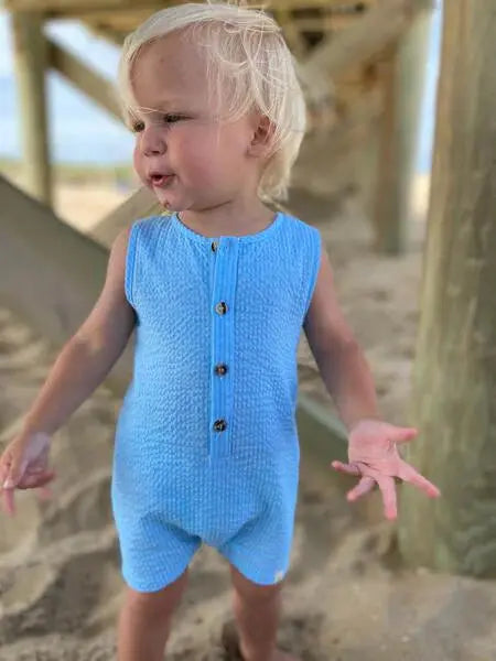 Sky blue seersucker playsuit | Me & Henry - Me & Henry