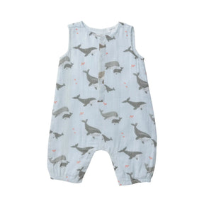 Angel Dear Gray Whales sleeveless romper in pale blue muslin with gray whales and calves