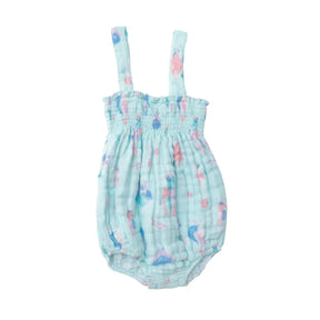 Angel Dear pale aqua Magical Seahorse smocked cotton muslin sunsuit, front view