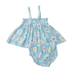 Angel Dear Daisy Faces blue bamboo smocked top and bloomer set with multicolor smiling daisies