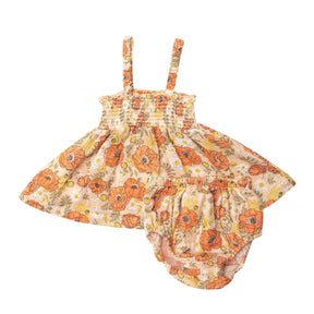 Angel Dear Desert Poppies smocked top and matching bloomer in orange floral print