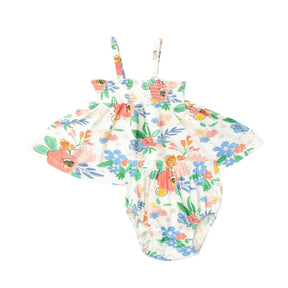 Angel Dear Floral Posy bamboo smocked top and bloomer with coral and blue flowers