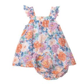 Angel Dear Camellia sundress with ruffle diaper cover in pale blue muslin with coral flowers