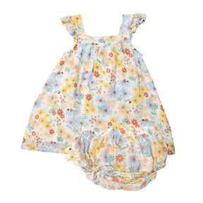 Angel Dear Coneflower cream floral sundress and matching ruffle bloomer set