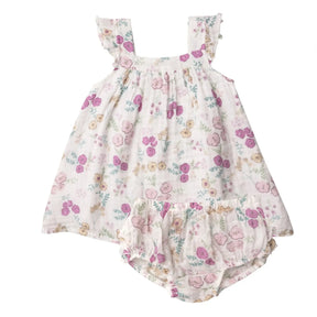 Angel Dear Dreamy Meadow Floral sundress with diaper cover in cream muslin with mauve flowers