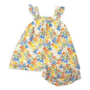 Angel Dear Happy Ditsy sundress with ruffle diaper cover in cream muslin with small flowers