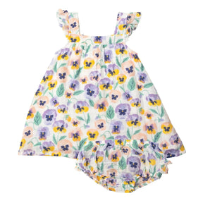 Angel Dear Pansies sundress with ruffle diaper cover in white muslin with purple and yellow pansies