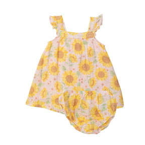 Angel Dear Sunflowers Pink sundress with diaper cover in pale pink muslin with yellow sunflowers
