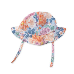 Angel Dear Camellia baby sun hat in pale blue muslin with orange and mauve flowers and straps