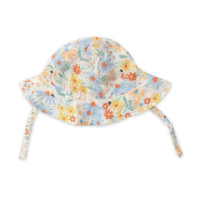 Angel Dear Coneflower baby sun hat in cream muslin with blue and yellow flowers and straps