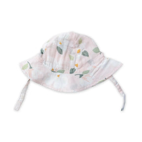 Angel Dear Magnolias baby sun hat in pale pink muslin with magnolia flowers and straps