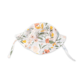 Angel Dear Pretty Gardens baby sun hat in cream muslin with peach and yellow flowers and straps