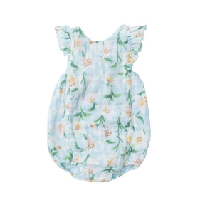 Angel Dear Lily sunsuit in light blue muslin with cream and peach lilies and flutter sleeves