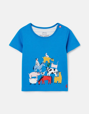Joules Tate Blue Stacked Animals T-Shirt: front view with stacked animals