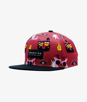 Merlot Teddy's Cool kids snapback with sunglass-wearing animal faces and black brim, angled view