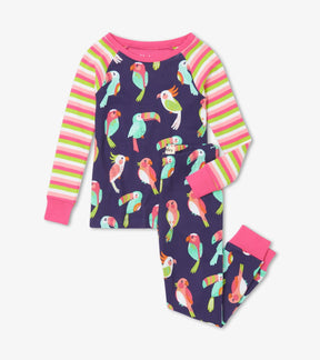 Hatley girls Tropical Birds organic cotton raglan pajama set in Navy/Pink with striped sleeves.