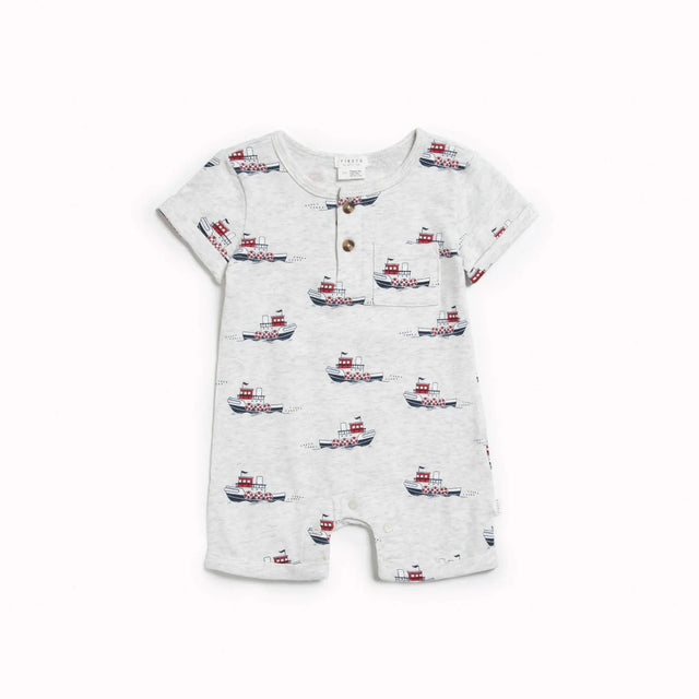 Tugboats Print on Heather Grey Romper | Petit Lem - Petit Lem