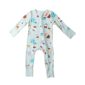 Front of Angel Dear Coffee zipper romper in pale mint with cups, beans and coffee pots