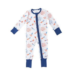 Front of Angel Dear Firecrackers White zipper romper with red and blue fireworks print