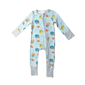 Front of Angel Dear Football Blue zipper romper with football helmet and goal print