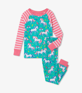 Hatley girls Unicorn Party organic cotton raglan pajama set in Aqua/Pink with matching pants.