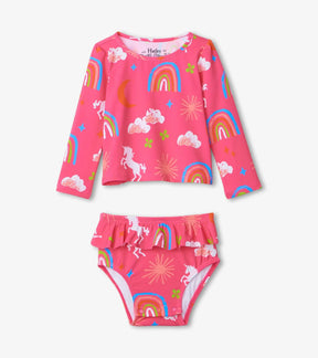 Hatley baby girl Unicorns & Rainbows rashguard set in pink with long-sleeve top and ruffle bottom