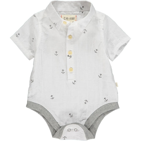 Vintage anchor print white short sleeved woven onesie | Me & Henry - Me & Henry