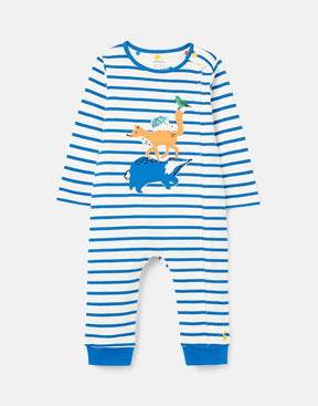 Joules Winfield Blue Stripe Animal Stack Romper: front view with badger fox hedgehog and bird