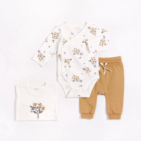 Petit Lem Winter Jasmine three-piece baby set with two floral bodysuits and mustard jogger pants
