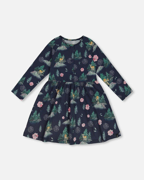 Jersey Long Sleeve Dress Navy Printed Bambi | Deux par Deux | Jenni Kidz