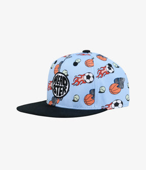 Sky blue Jock kids snapback with sports-ball print and black brim, angled front view