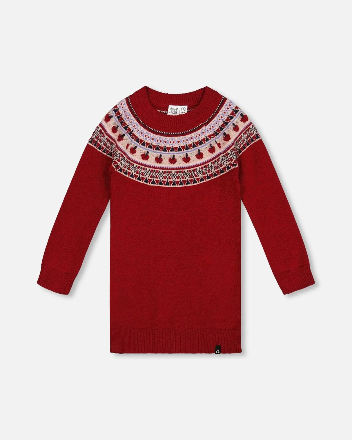 Knit Dress Red With Apple Jacquard Yoke | Deux par Deux | Jenni Kidz