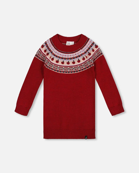 Knit Dress Red With Apple Jacquard Yoke | Deux par Deux | Jenni Kidz