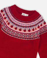 Knit Dress Red With Apple Jacquard Yoke | Deux par Deux | Jenni Kidz