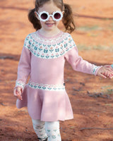 Knit Dress With Round Intarsia Flowers Light Pink | Deux par Deux | Jenni Kidz