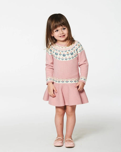 Knit Dress With Round Intarsia Flowers Light Pink | Deux par Deux | Jenni Kidz