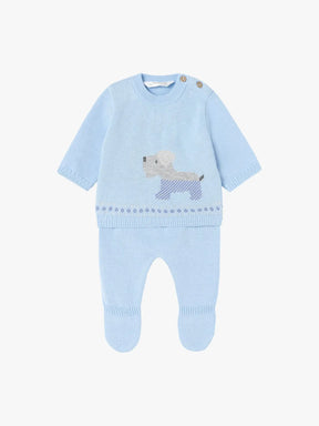 Front view of light-blue Mayoral baby knit set with dog motif top and footed leggings