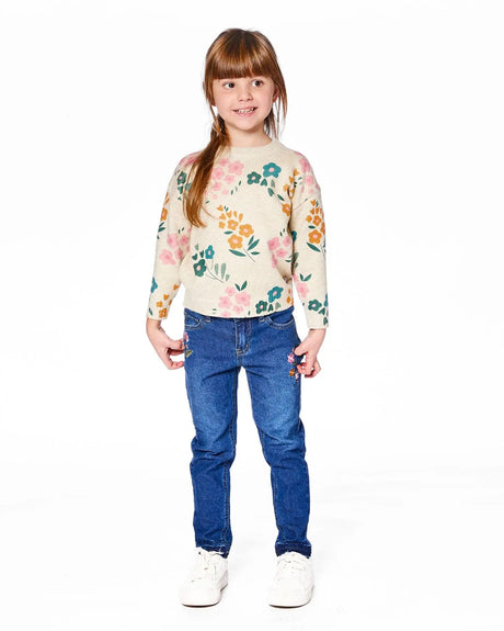 Knitted Sweater Heather Beige Gray With Floral Print | Deux par Deux | Jenni Kidz