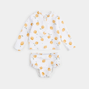 Petit Lem baby girl Lemon Print long-sleeve rashguard swim set – flat lay