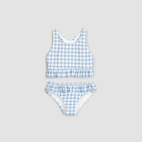 Mile The Label baby girls and girls Light Blue gingham tankini swimsuit with UPF 50+ and ruffle details.