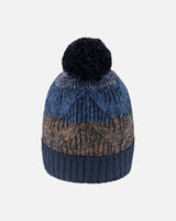 Lined Knit Pompom Hat Taupe And Navy | Deux par Deux | Jenni Kidz