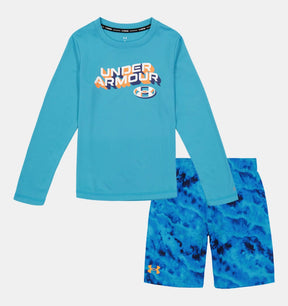 Under Armour little boys Blue Ridge Dye long-sleeve swim set with UPF 50+ shirt and matching swim shorts.