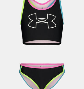 Under Armour little girls Black/Pink two-piece racer midkini swimsuit with UPF 30+ and logo front.