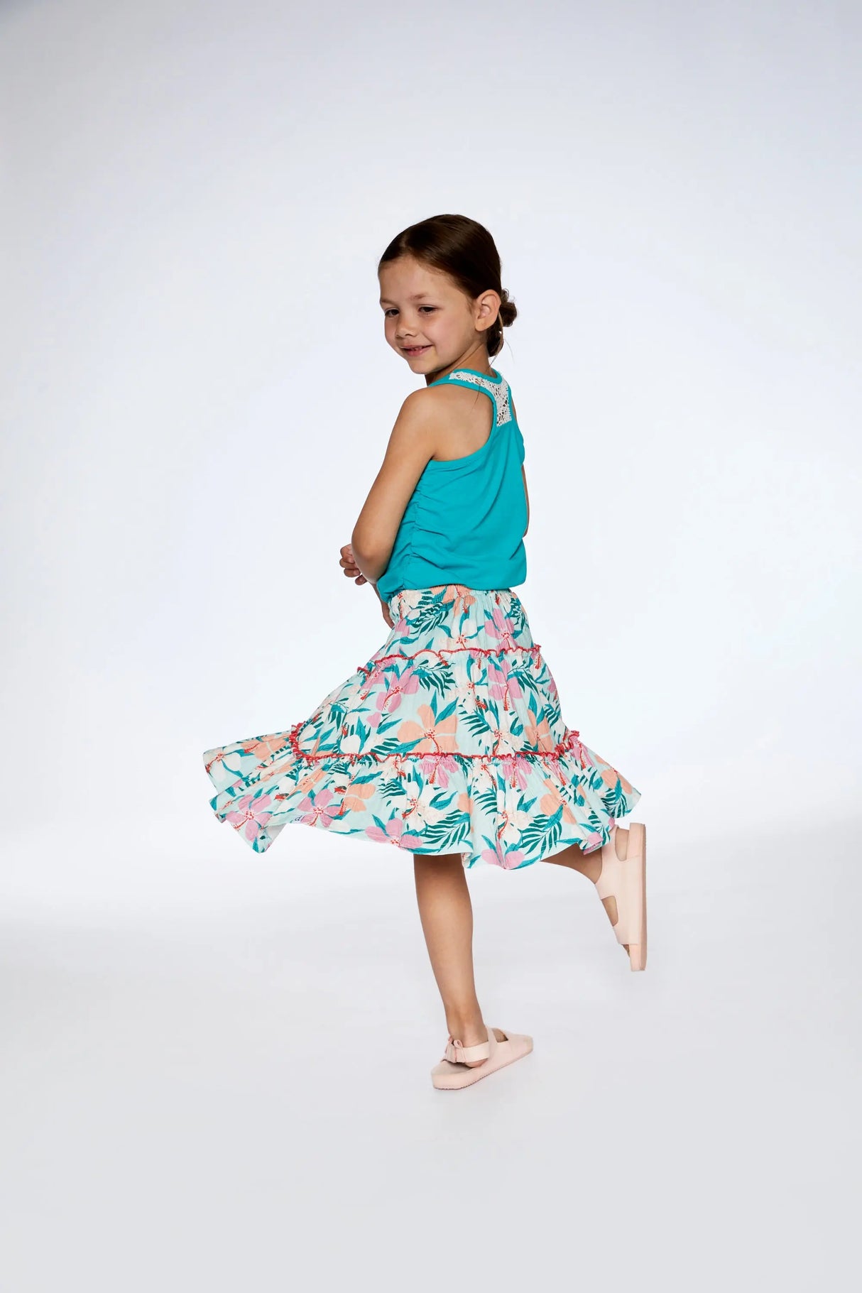 Long Crinkle Peasant Skirt Blue Printed Beach Hibiscus | Deux par Deux | Jenni Kidz